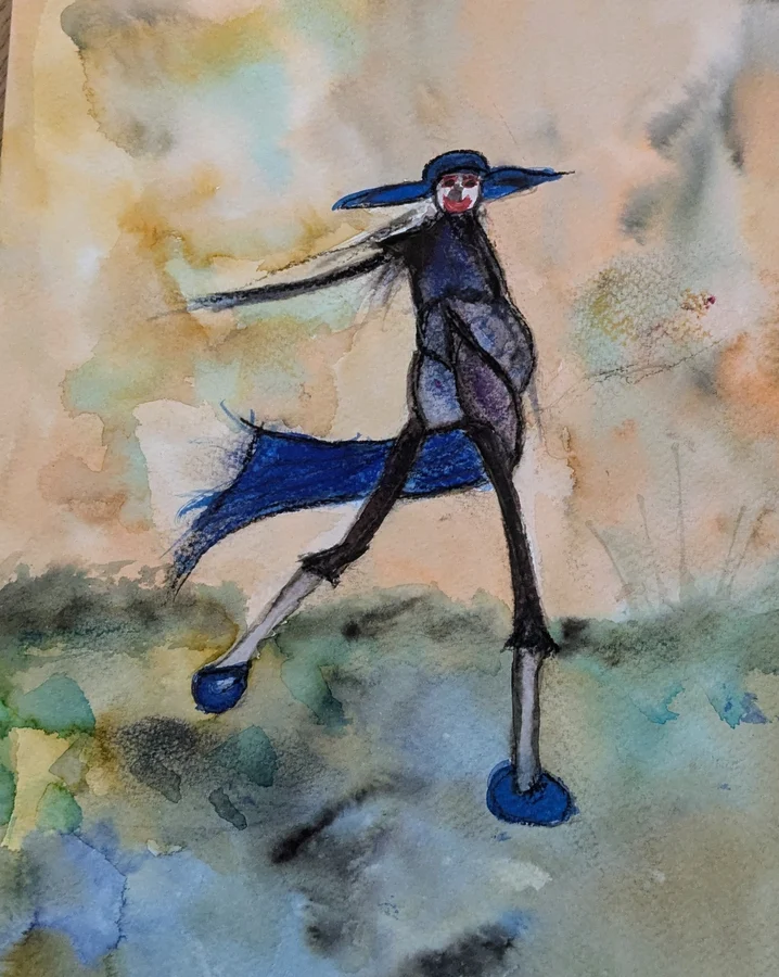 Une silhouette à chapeau bleu semble marcher dans un paysage diffus.