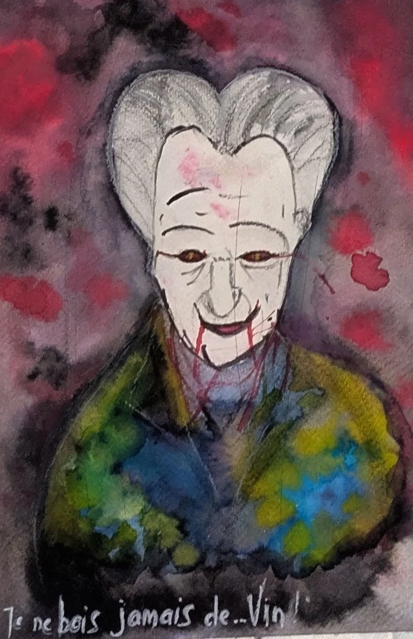 Une figure aux cheveux gris et au manteau vert apparaît sur un fond de lavis rouge.