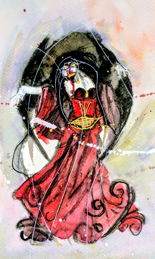 Une figure en robe rouge apparaît sous une arche noire et des fils blancs.