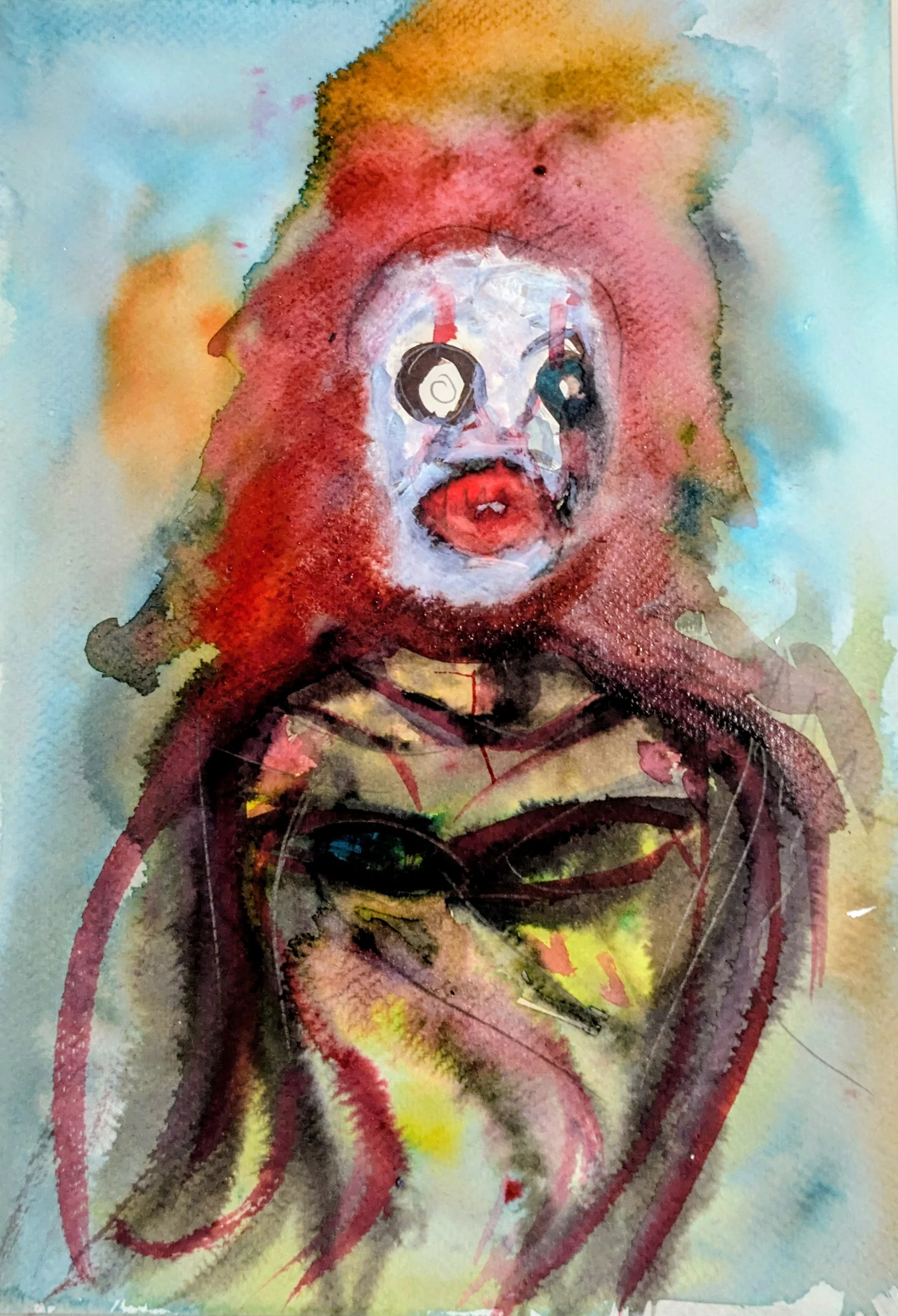 Une figure de clown aux cheveux orange apparaît dans des lavis bleus et bruns.