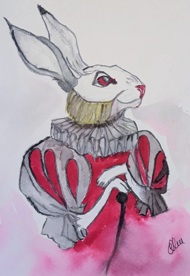 Un lièvre blanc porte une collerette et un habit rouge sur fond rose.