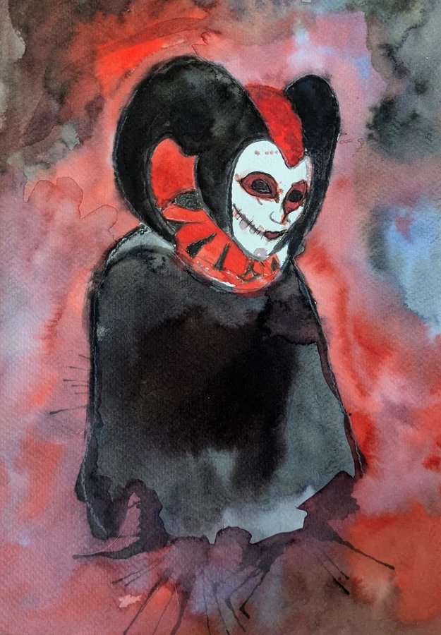 Un personnage masqué aux cornes noires surgit d’un halo rouge et bleu.