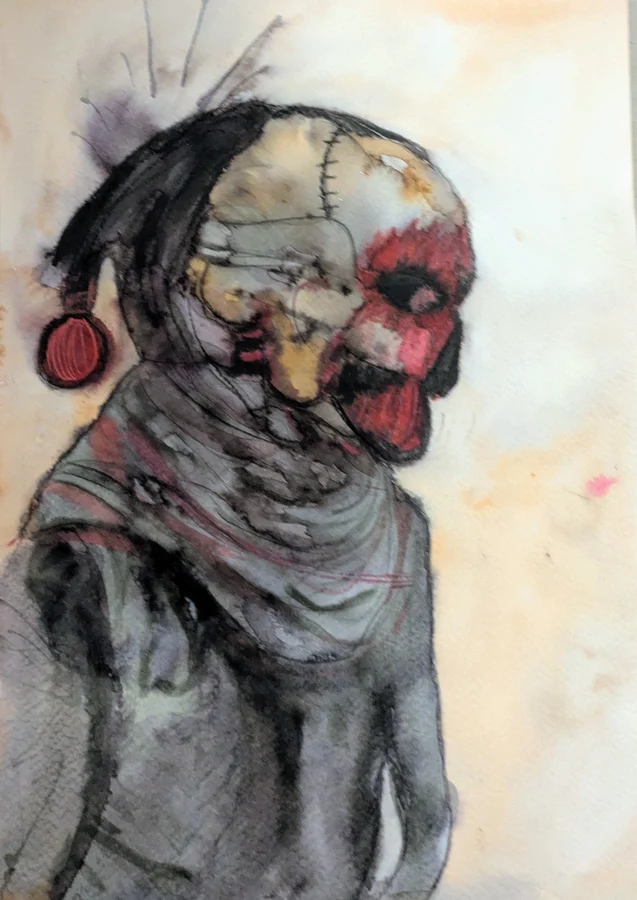Une figure au visage rapiécé et aux yeux rouges porte un drapé gris.