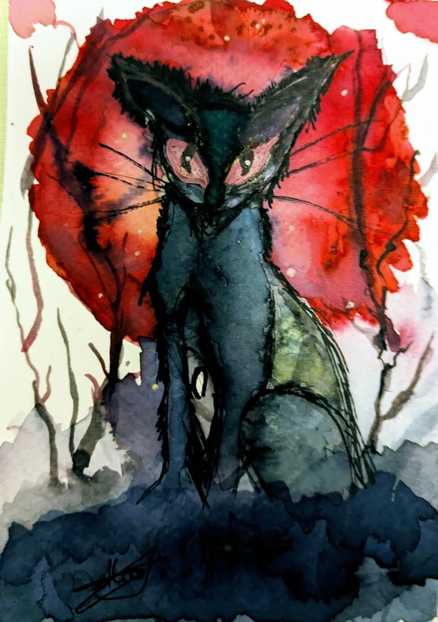 Un chat noir se tient devant un disque rouge, entouré de ramures.