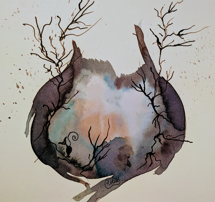 Un petit félin se niche dans un cercle de branches et de lavis mauves.