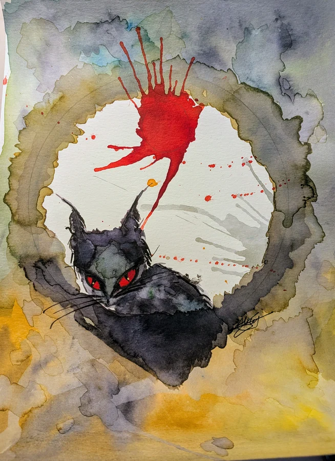 Un félin aux yeux rouges apparaît dans un anneau de lavis, sous un soleil éclaboussé.