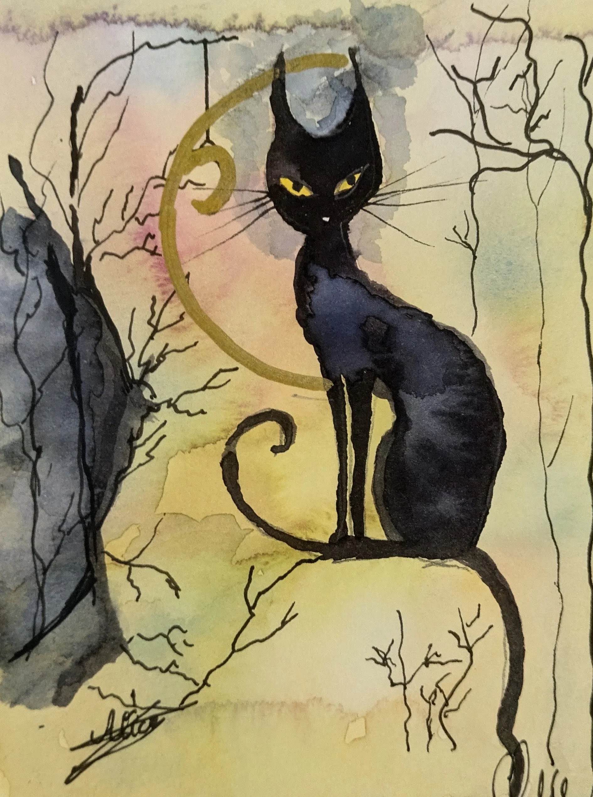 Un chat noir aux yeux jaunes se tient dans un anneau doré traversé de branches.