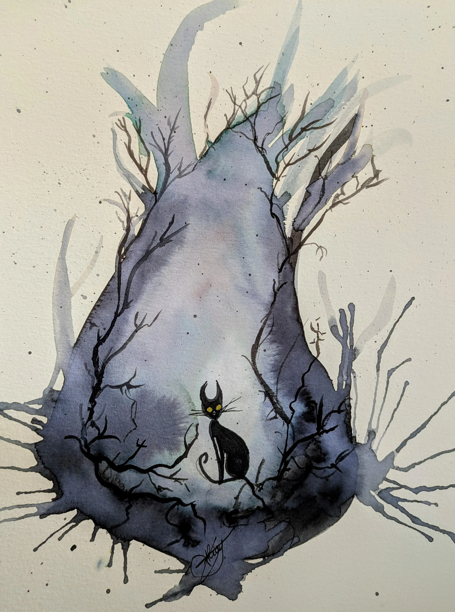 Un chat minuscule veille au cœur d’un paysage en forme de goutte, traversé de branches.