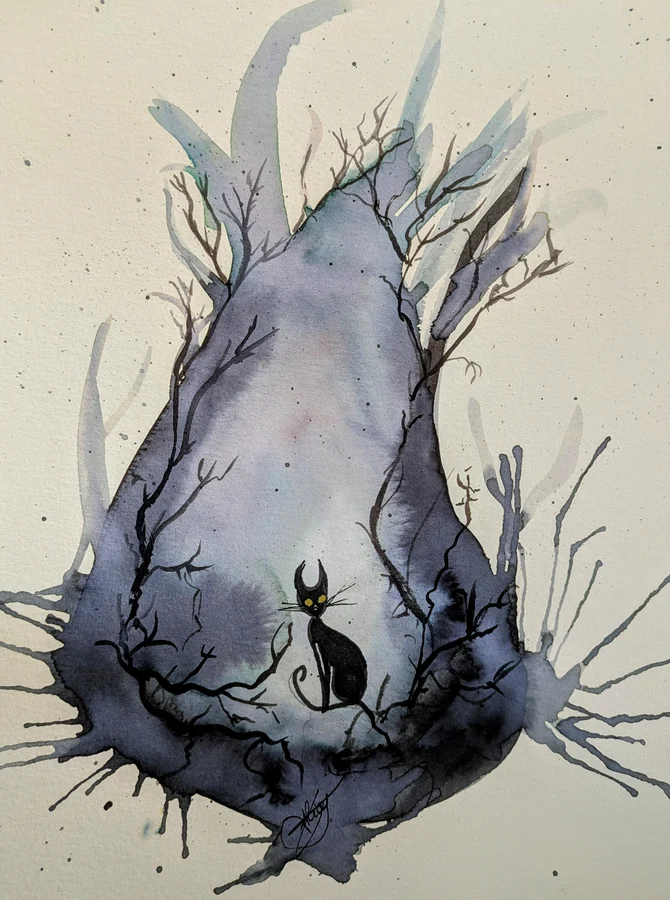 Un chat minuscule veille au cœur d’un paysage en forme de goutte, traversé de branches.