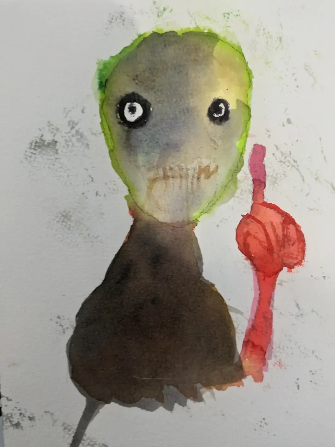Une petite figure aux grands yeux lève un doigt rouge dans le blanc du papier.