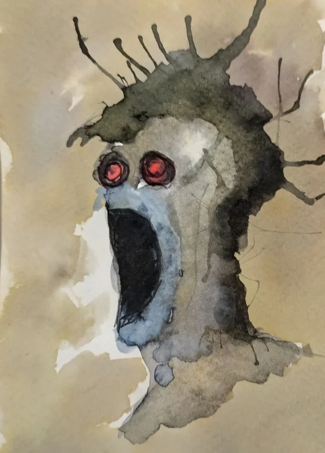 Une tête aux yeux rouges ouvre une bouche noire dans un lavis terreux.