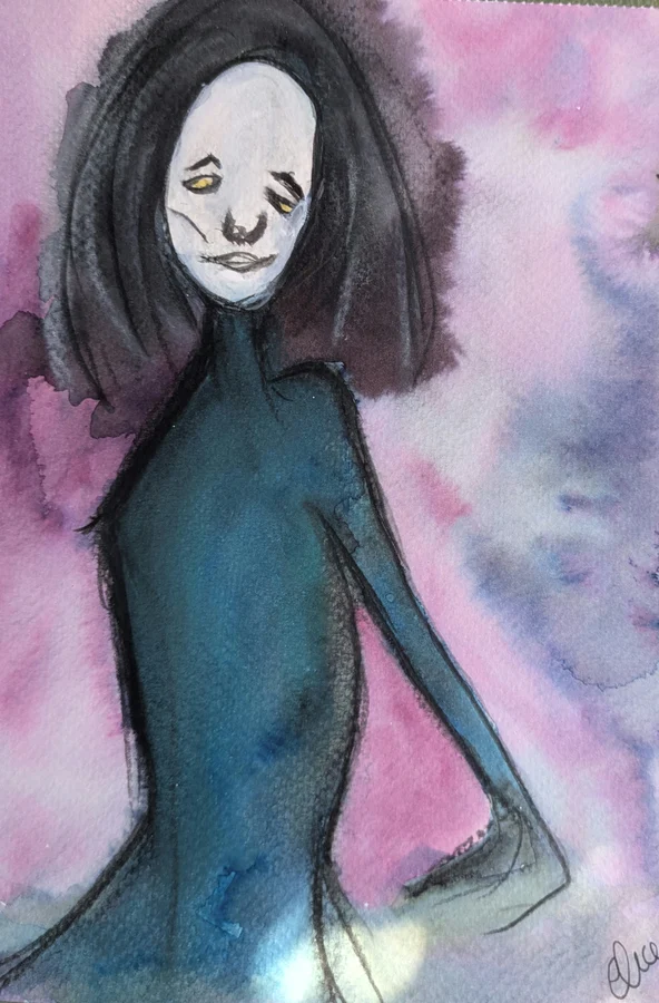 Une figure aux cheveux noirs et aux longs bras se tient dans des lavis roses et violets.