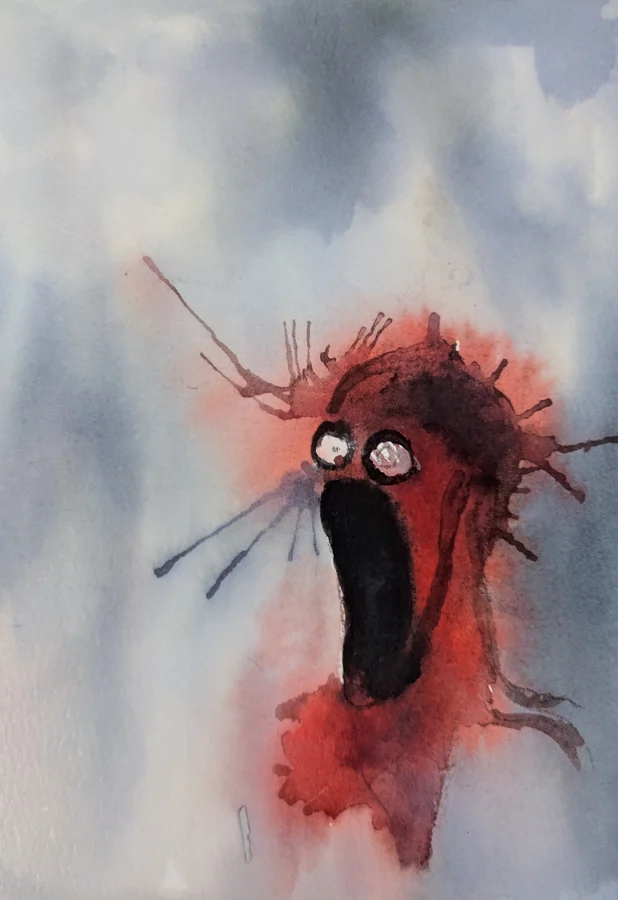 Une tête rouge ouvre une longue bouche noire sur fond de lavis bleu et gris.