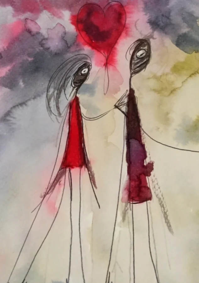 Deux silhouettes élancées sont reliées par une forme rouge au-dessus d’elles.