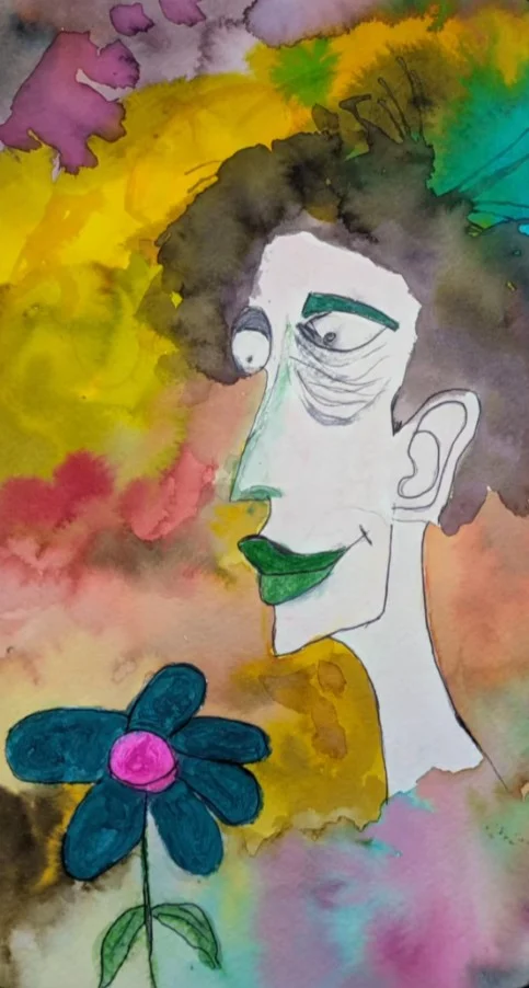 Un profil aux lèvres vertes accompagne une fleur bleue sur un fond multicolore.