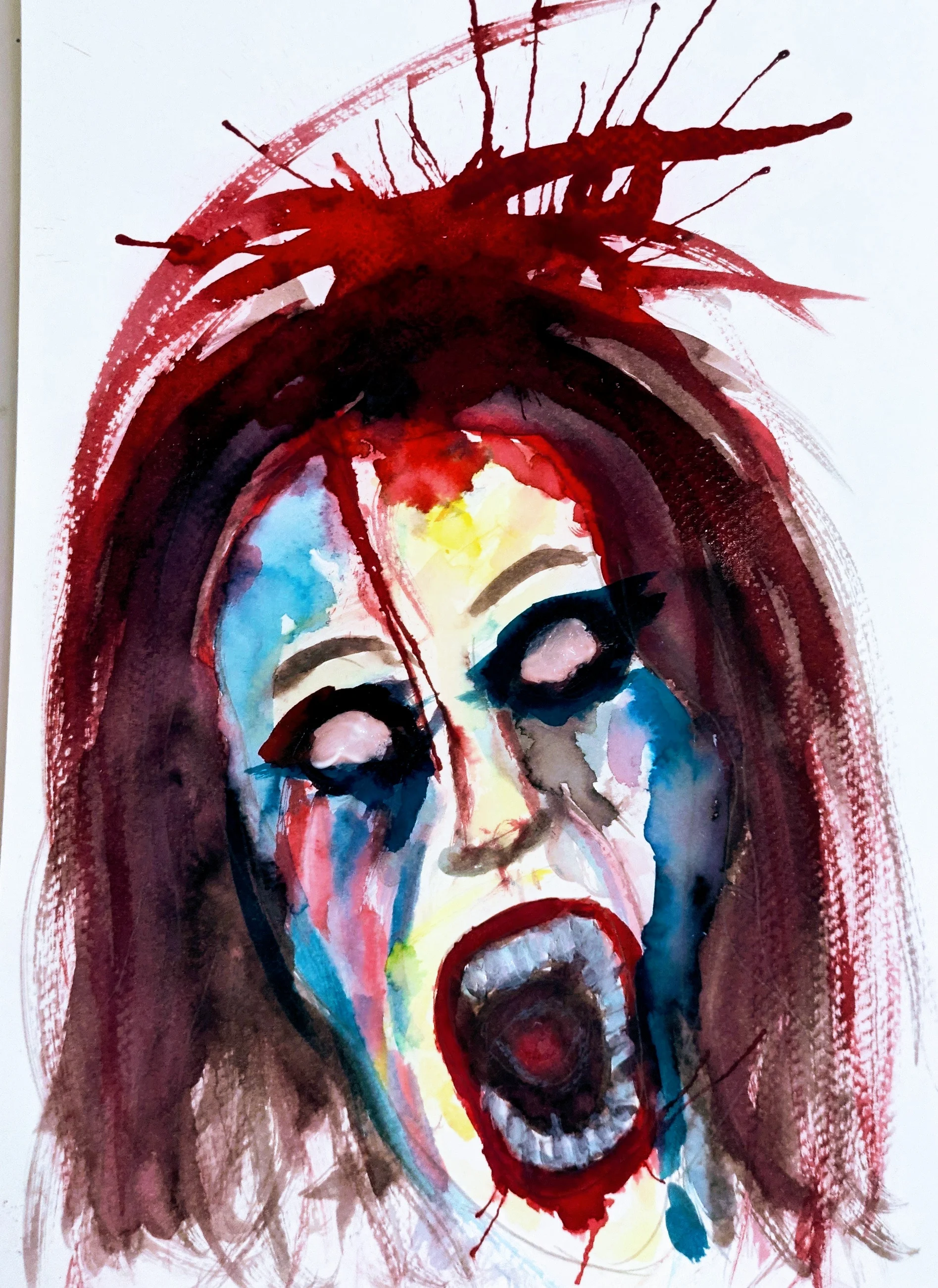 Un visage à la bouche ouverte se couvre de lavis rouge, bleu et jaune.