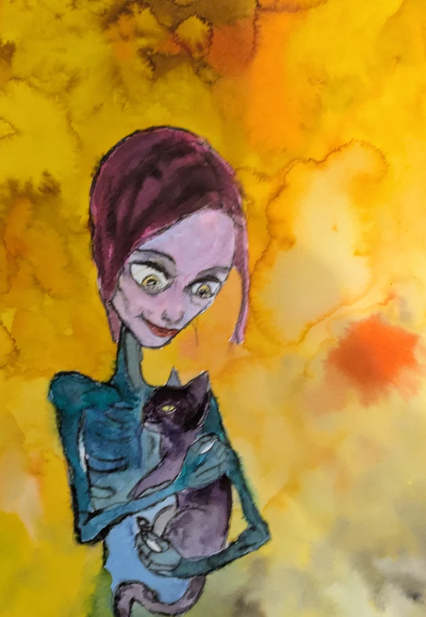 Une figure aux cheveux violets enlace un chat gris sur fond jaune.