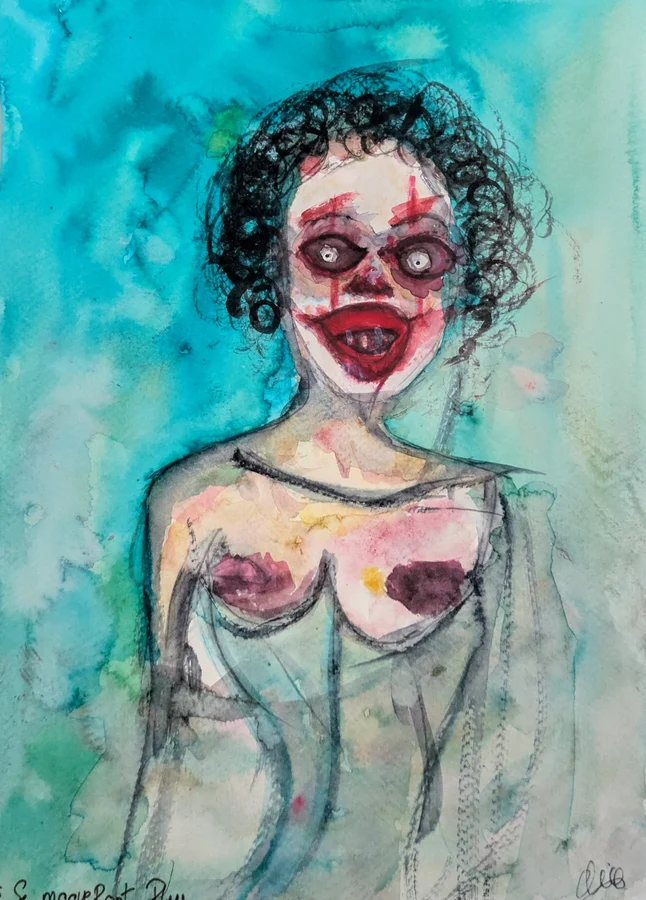Un portrait aux cheveux bouclés et au regard rouge se détache sur fond turquoise.